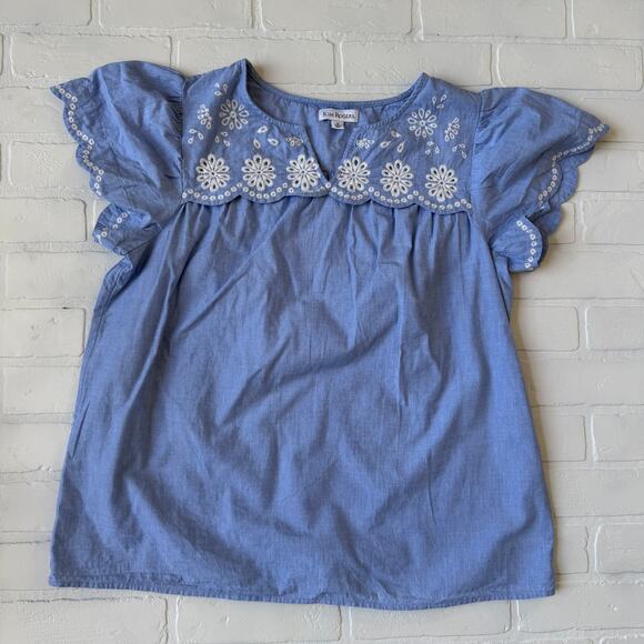 Kim Rogers Women's 100% Cotton Blue White Embroidered Scalloped Top sz M - Picture 3 of 5